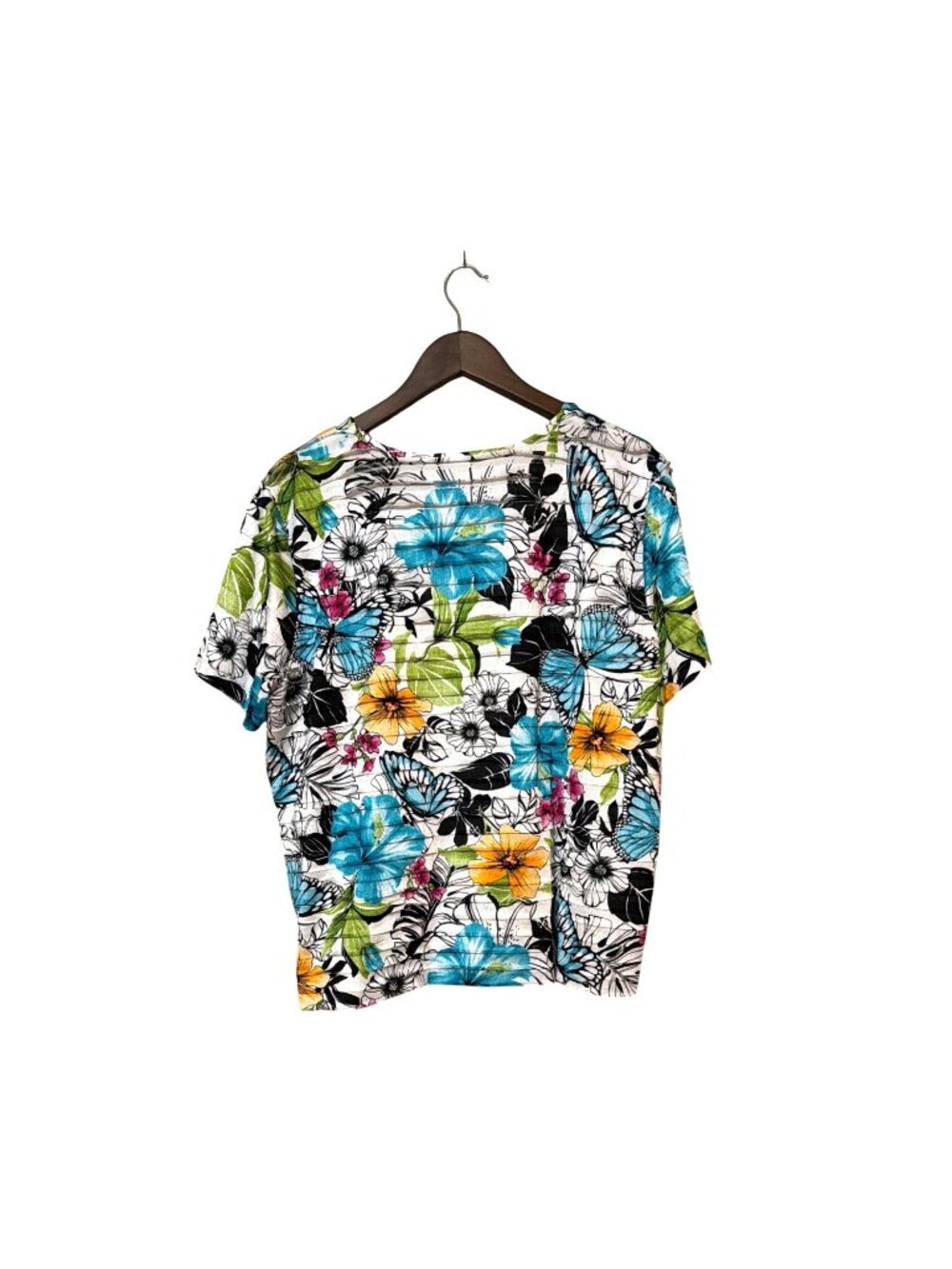 Floral & Butterfly Print Short-Sleeve Pleated Top Vibrant Colors Womens M - Picture 2 of 6